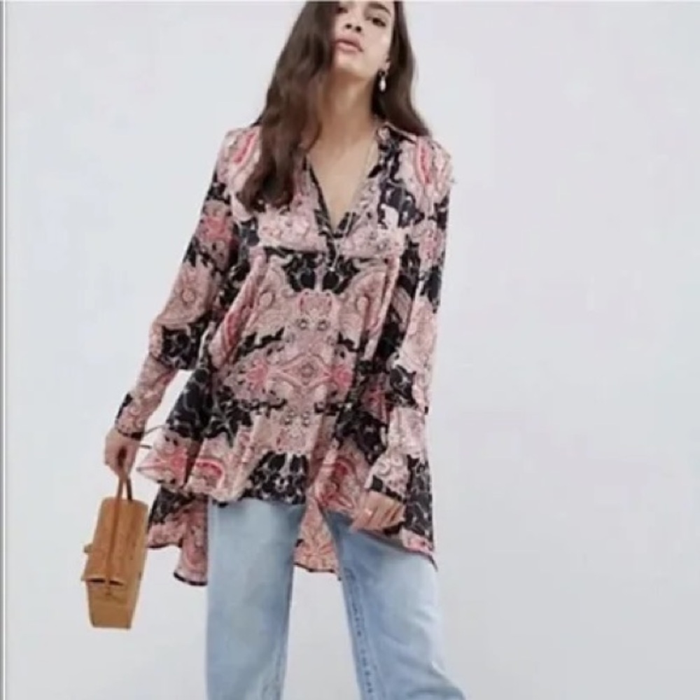 Free People Field Of Butterflies Tunic Top - Pink Paisley Boho - Size XS